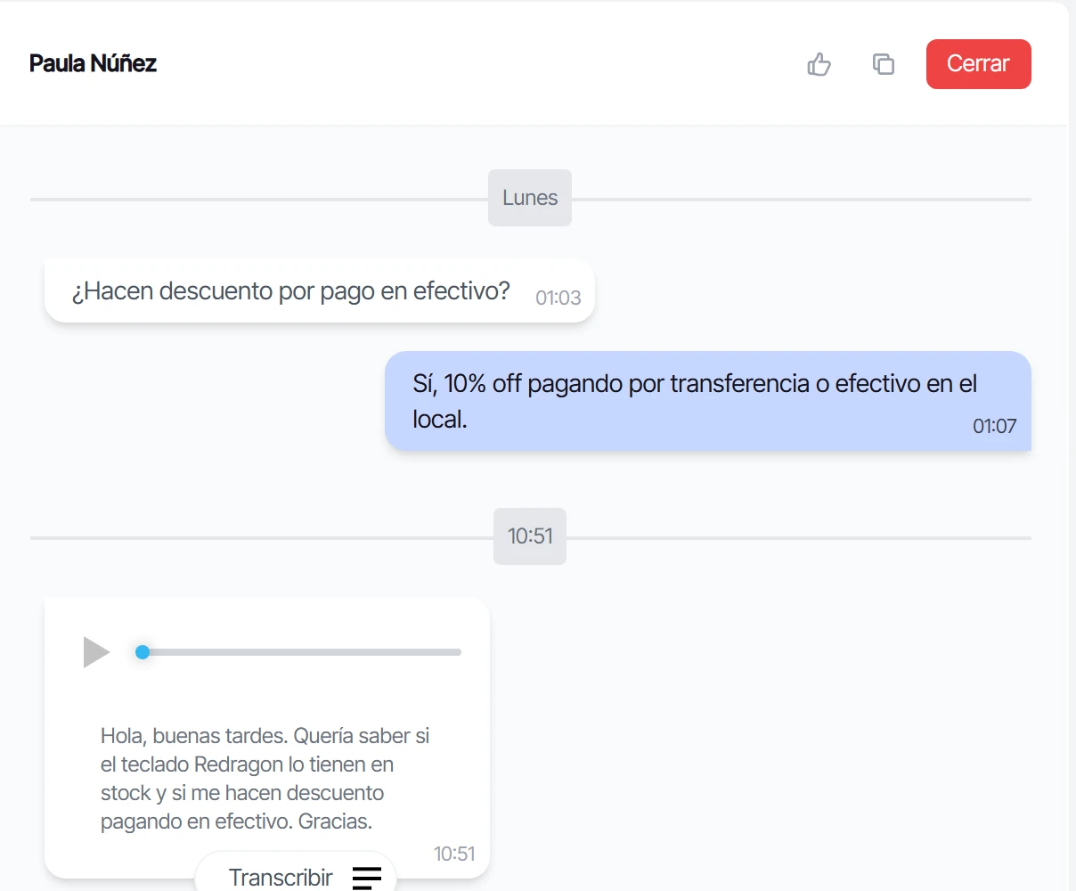 Transcripción del audio bajo el reproductor