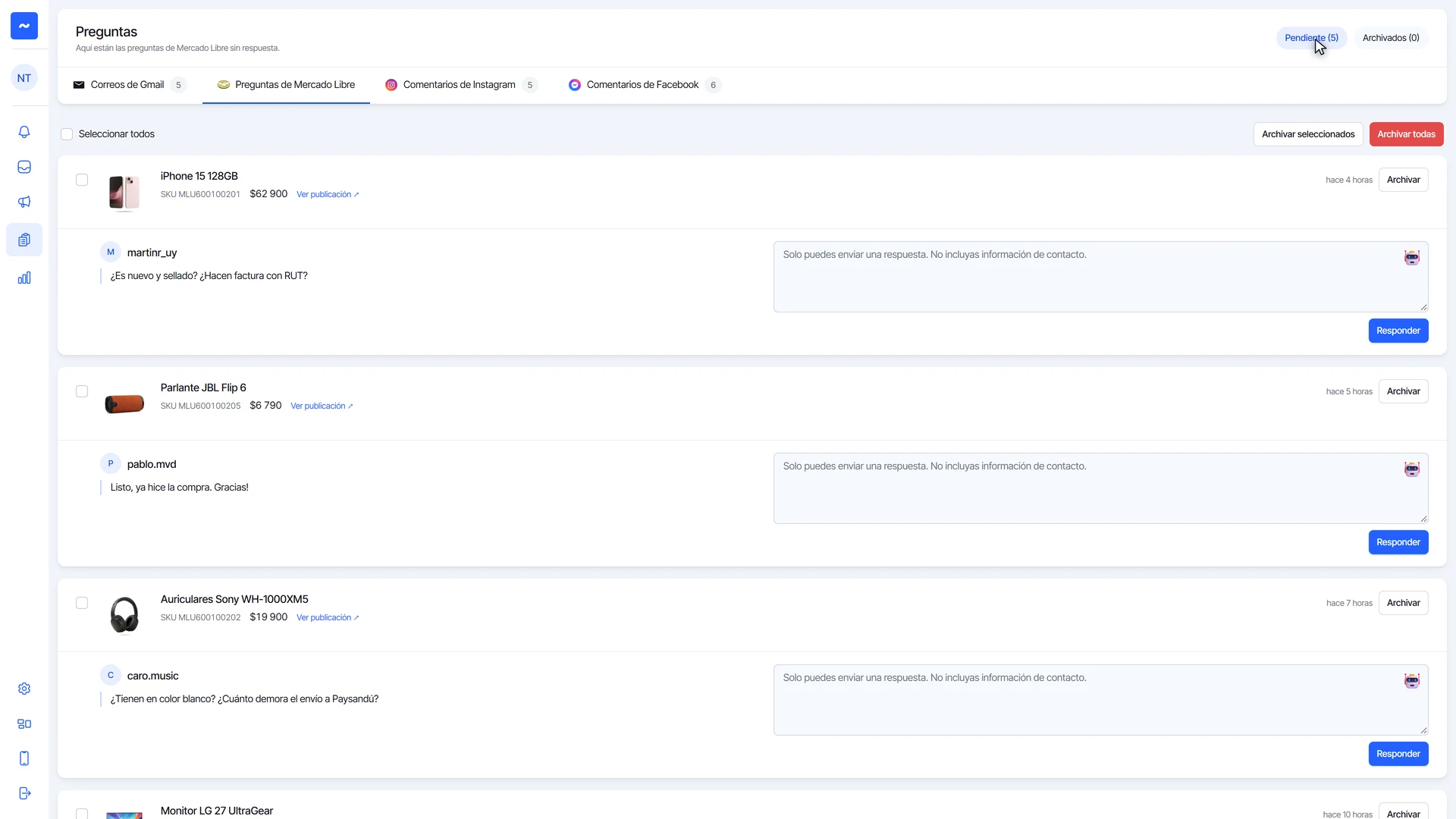 Preguntas de Mercado Libre con una pendiente menos después de responder