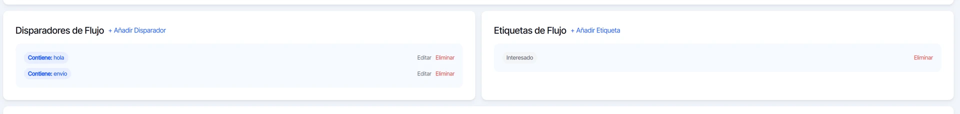 Disparadores del flujo con Contiene hola y Contiene envío