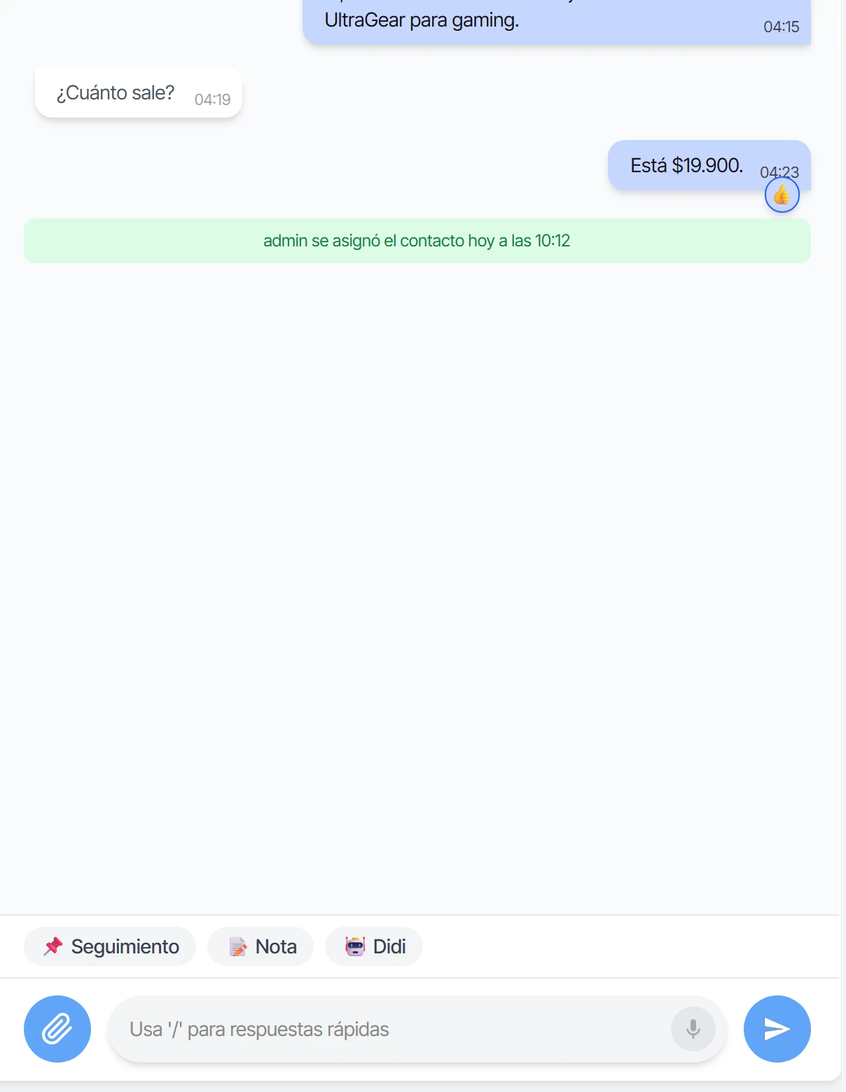 Aviso de que te asignaste el contacto y el campo de texto habilitado para responder
