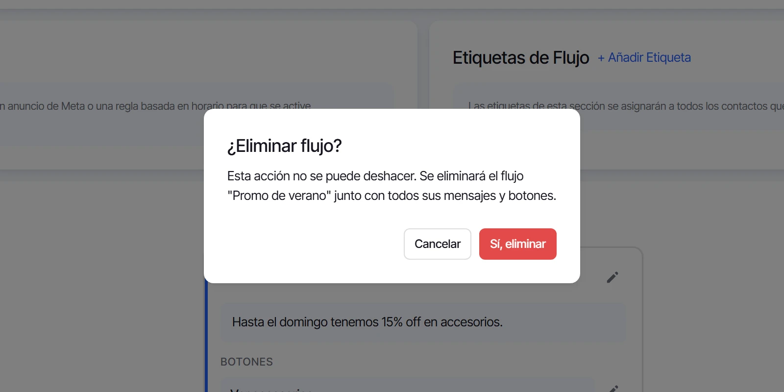 Cuadro de confirmación para eliminar el flujo Promo de verano
