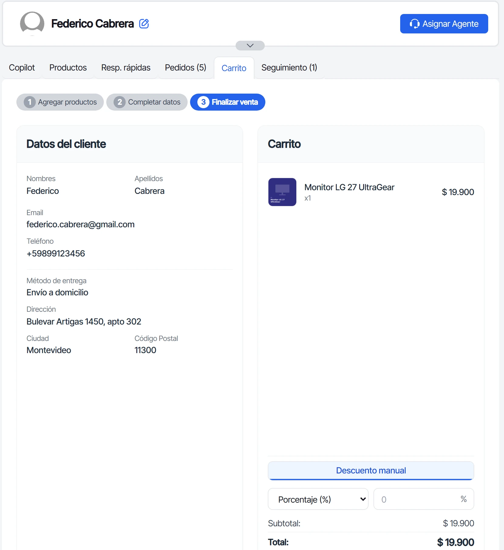 Tercer paso, Finalizar venta, con los datos del cliente y el carrito
