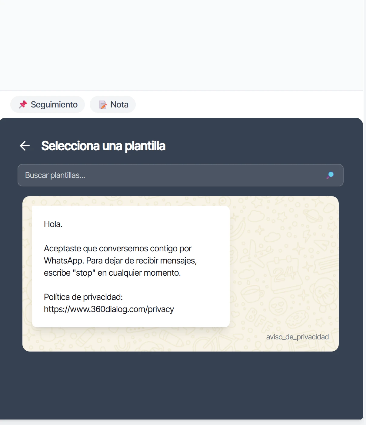 Lista Selecciona una plantilla del chat con solo la plantilla que dejaste visible