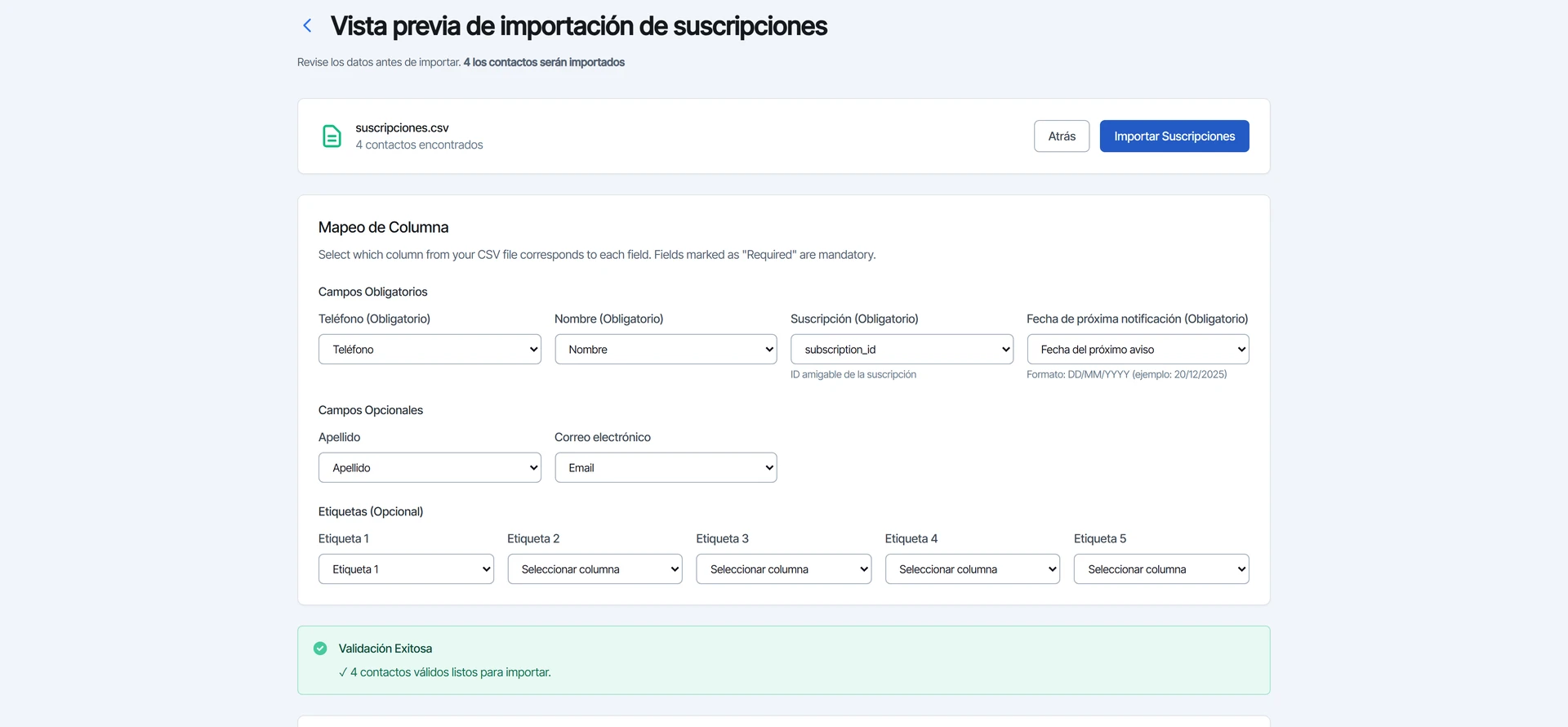Mapeo de columnas con teléfono, nombre, suscripción y fecha asignados a las columnas del archivo