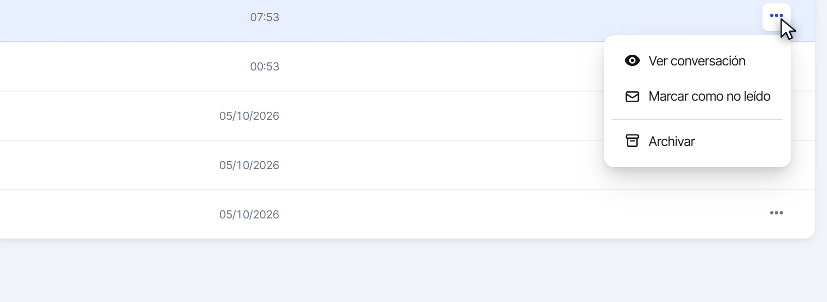 Menú de acciones de un correo leído con la opción Marcar como no leído