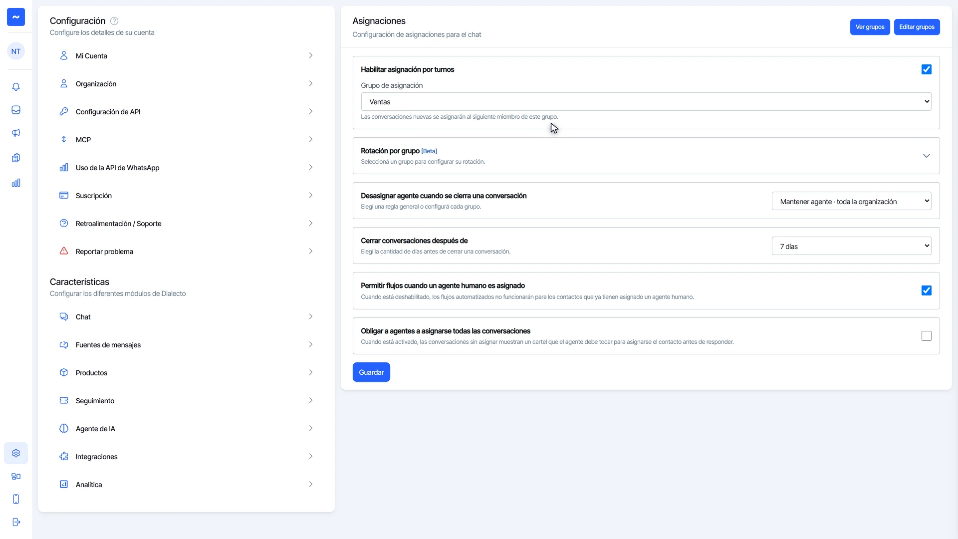 Asignación por turnos activada con el grupo Ventas elegido