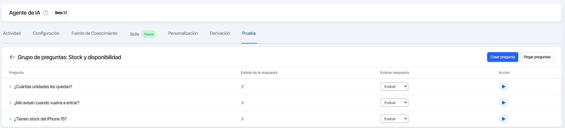 Grupo Stock y disponibilidad con sus tres preguntas cargadas