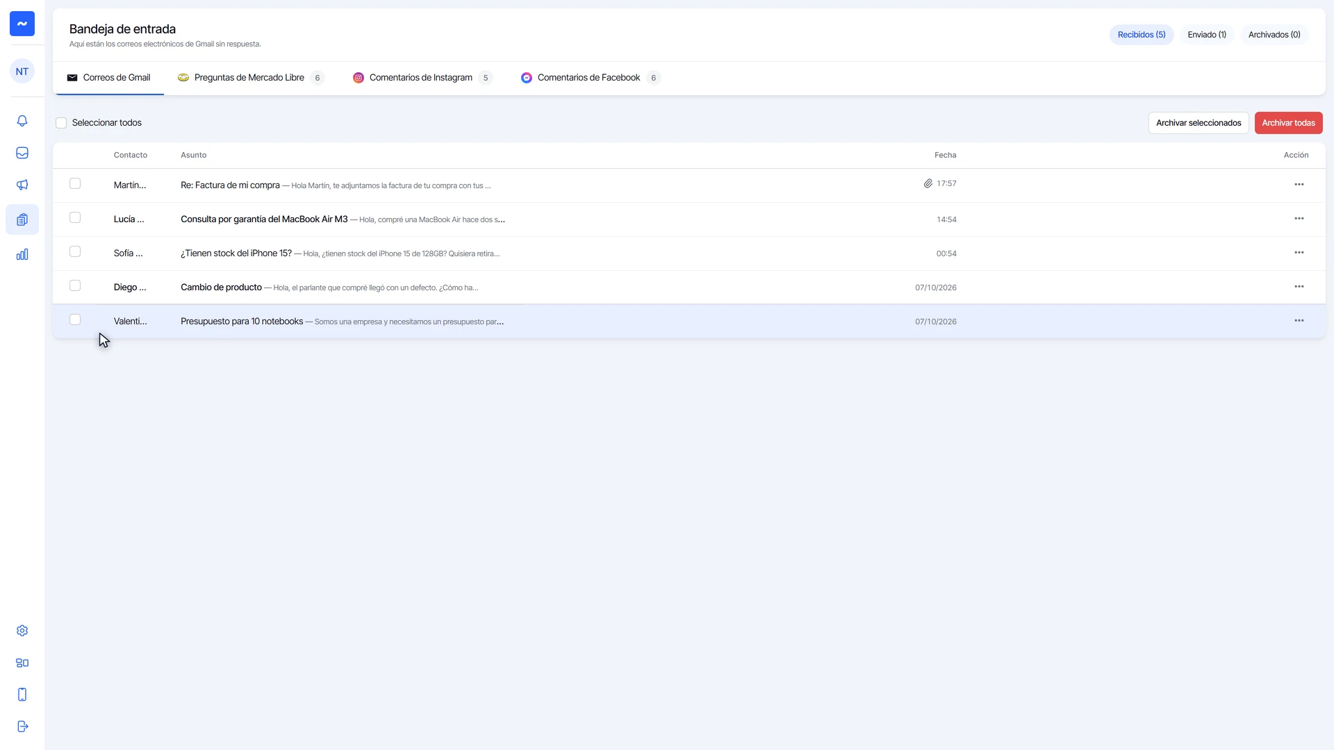 Bandeja de Gmail después de enviar: la respuesta Re: Factura de mi compra aparece arriba con su adjunto