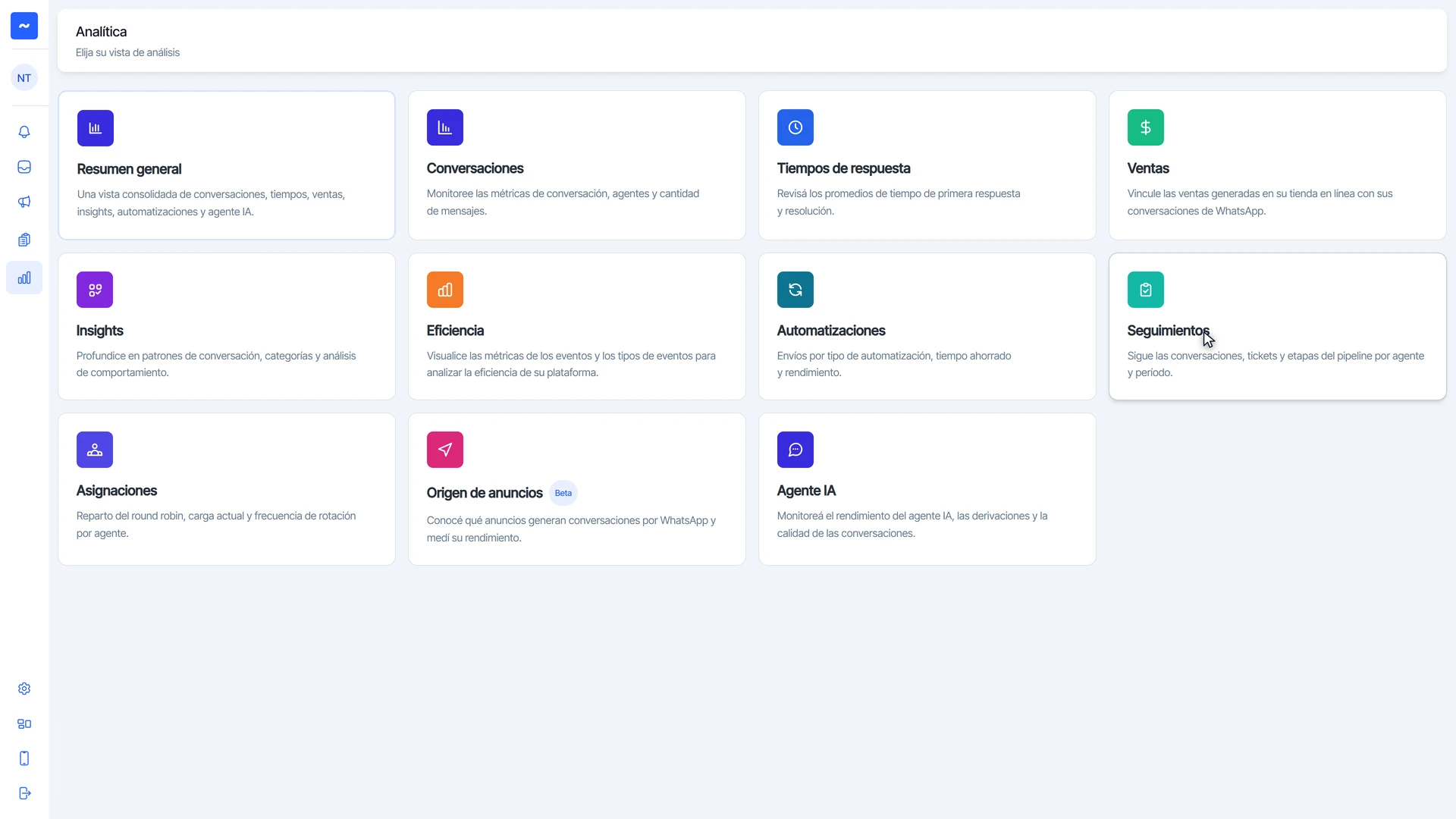 Segunda fila de reportes: Insights, Eficiencia, Automatizaciones y Seguimientos