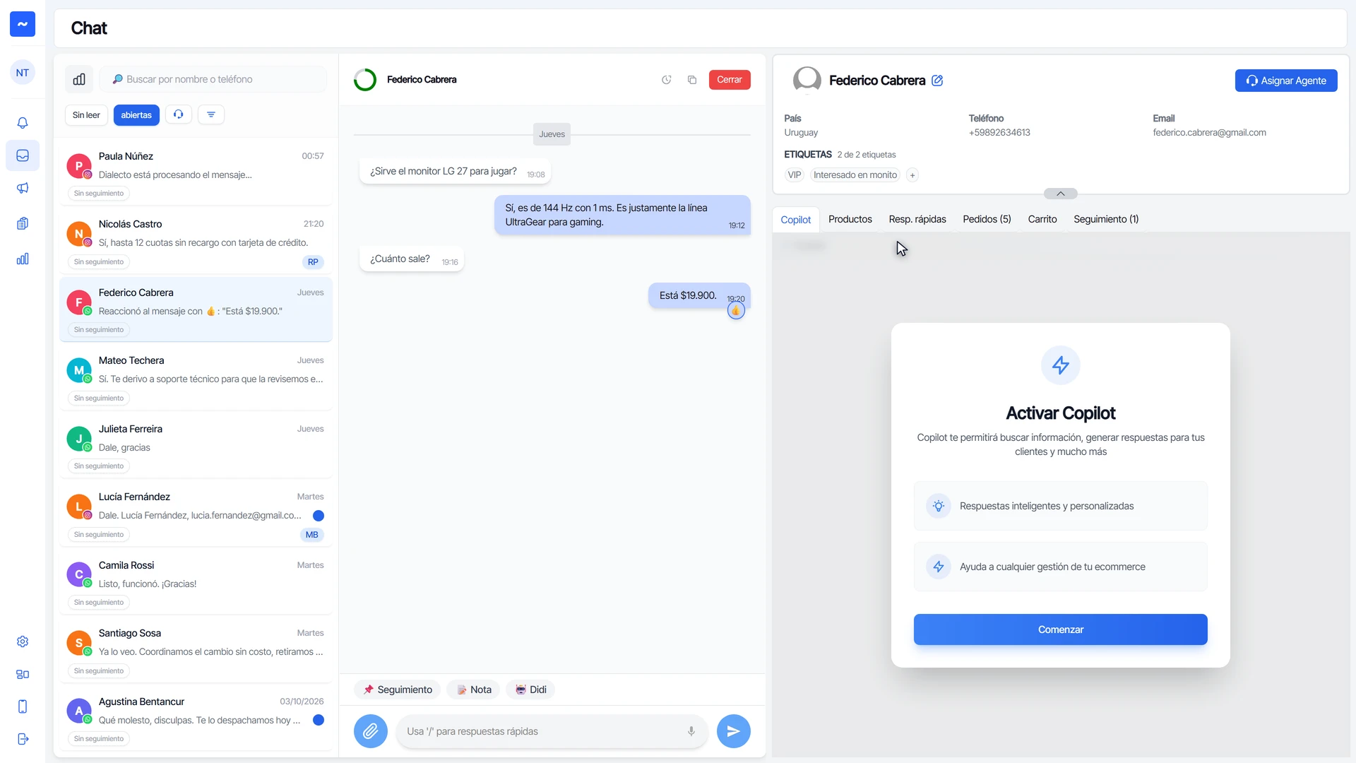 Contacto con las etiquetas VIP e Interesado en monitores