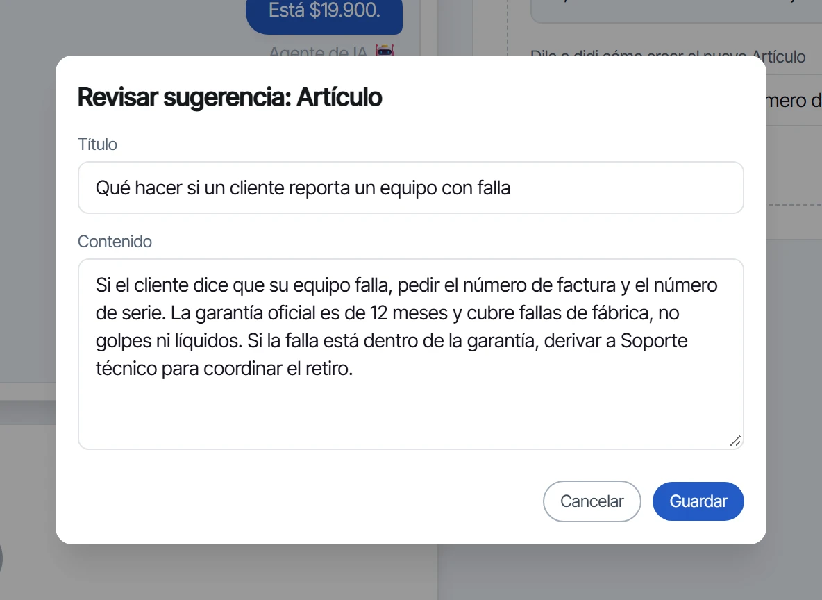 Ventana de revisión con el artículo sugerido: título y contenido editables, y los botones Cancelar y Guardar