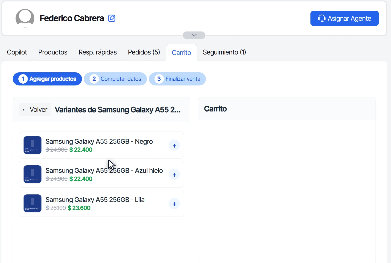 Variantes de color del Samsung Galaxy A55 con su precio y el botón para agregar cada una