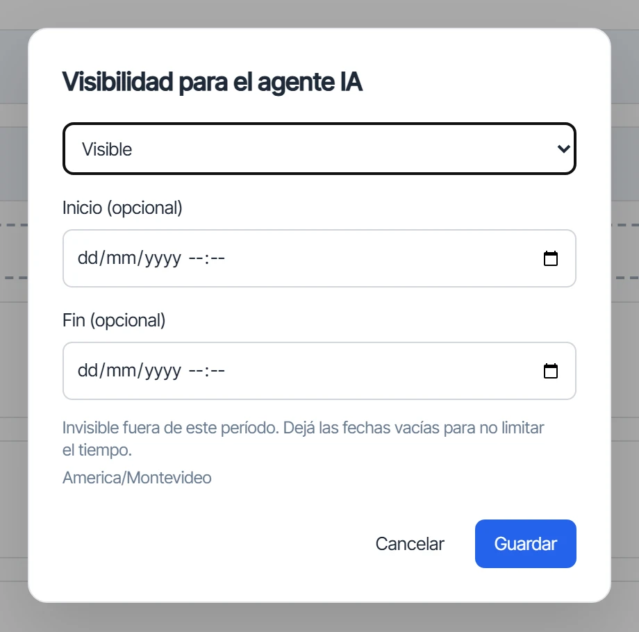 Ventana de visibilidad para el agente con la opción Visible y las fechas de inicio y fin opcionales