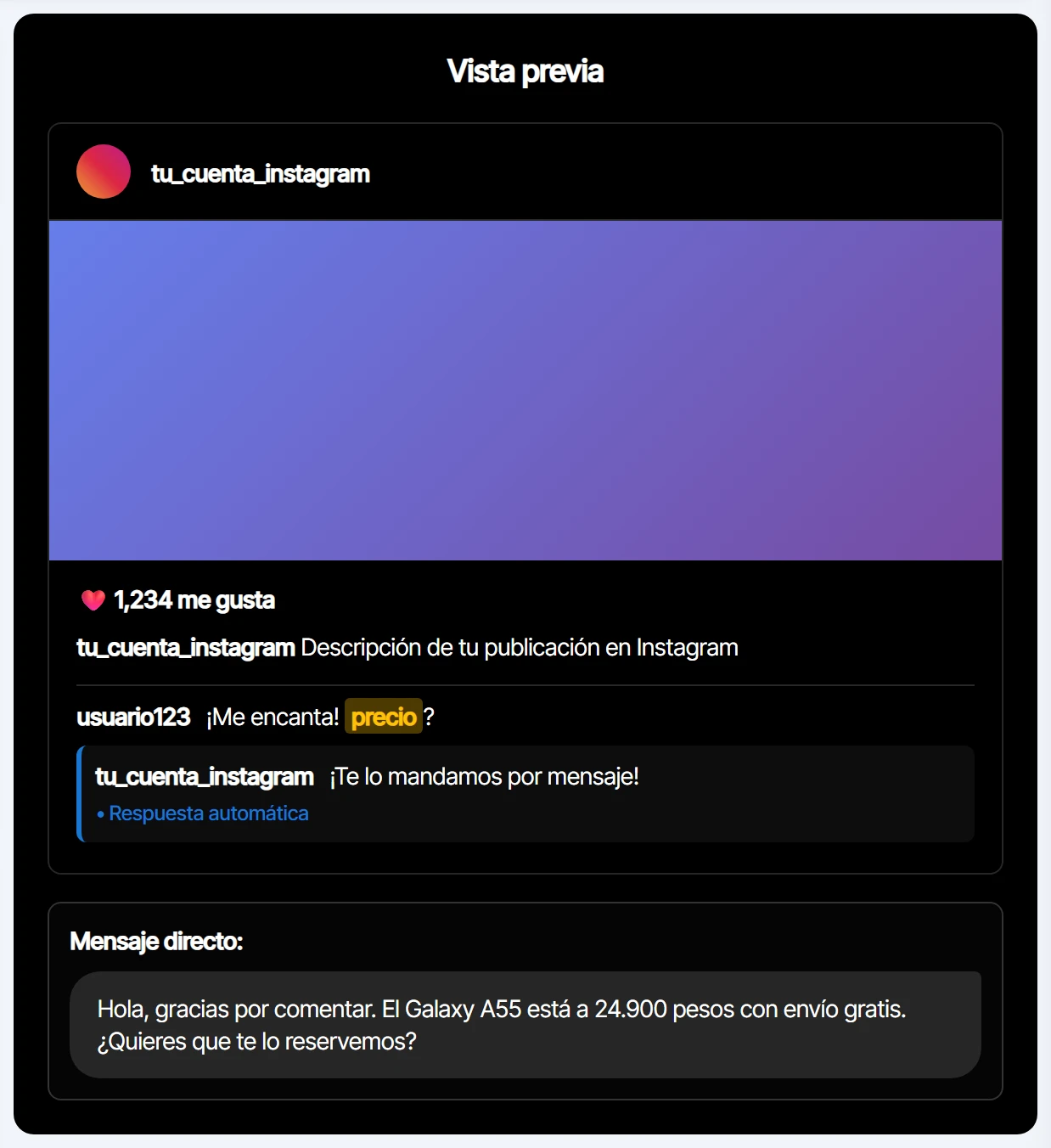 Vista previa de la publicación con la primera respuesta pública debajo del comentario y el mensaje directo