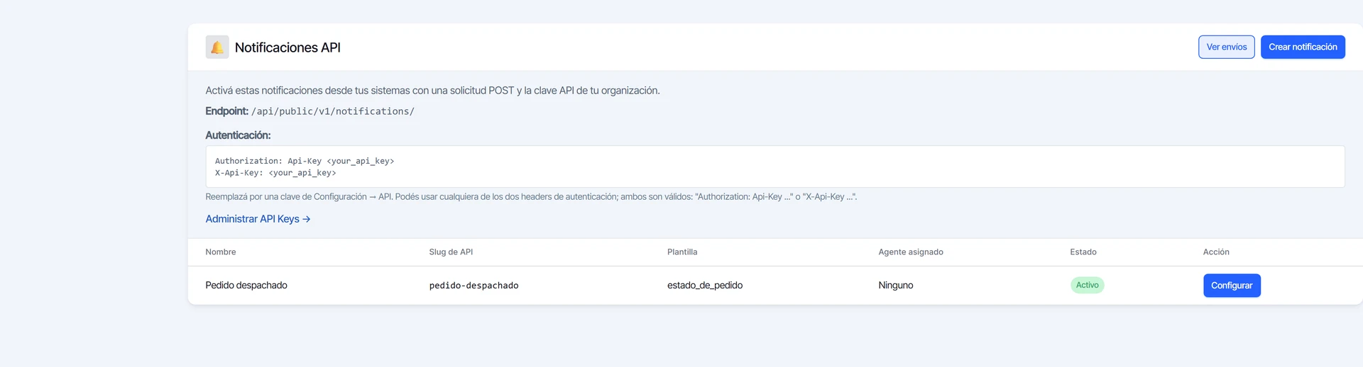 Lista de notificaciones API con Pedido despachado, su identificador, su plantilla y el estado Activa