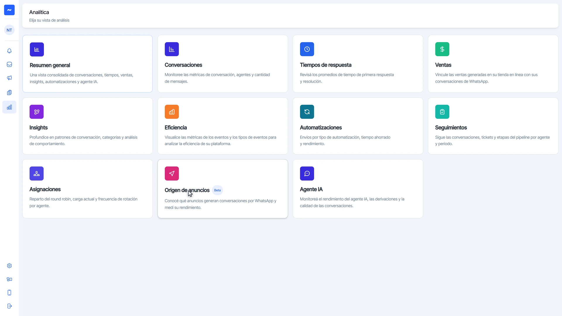 Pantalla de Analítica con las tarjetas de cada reporte disponible