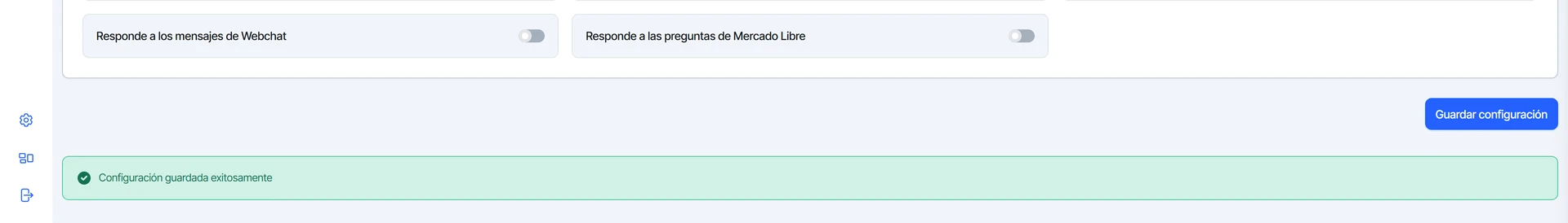 Aviso de que la configuración del Agente IA se guardó, debajo del botón Guardar configuración