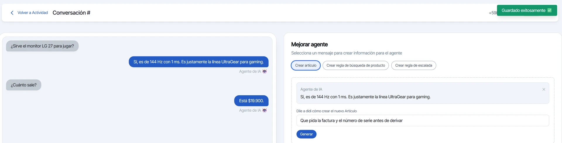 Aviso verde de que la mejora se guardó y el artículo ya forma parte del conocimiento del agente