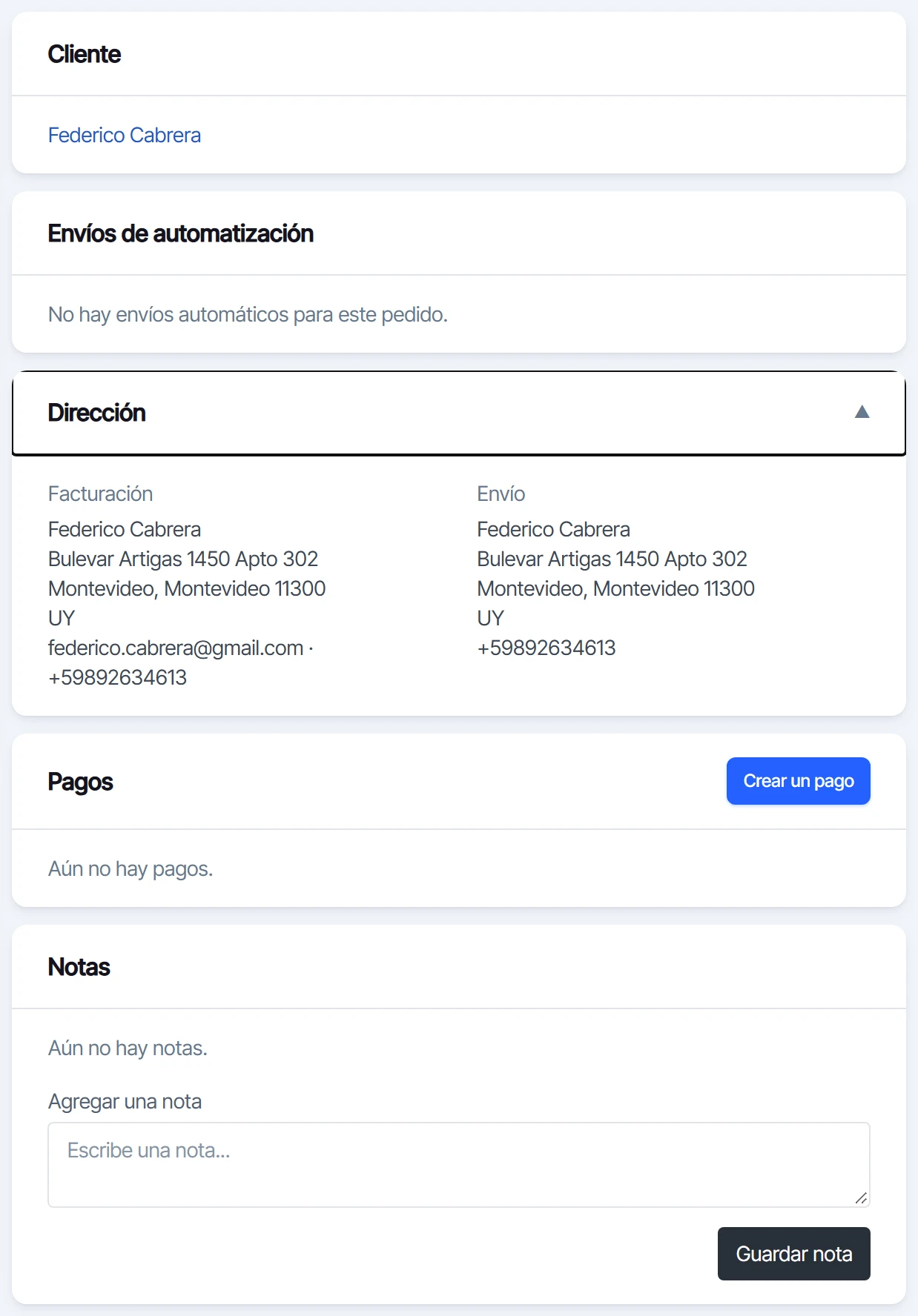 Columna derecha con el cliente, la dirección, los pagos y las notas del pedido