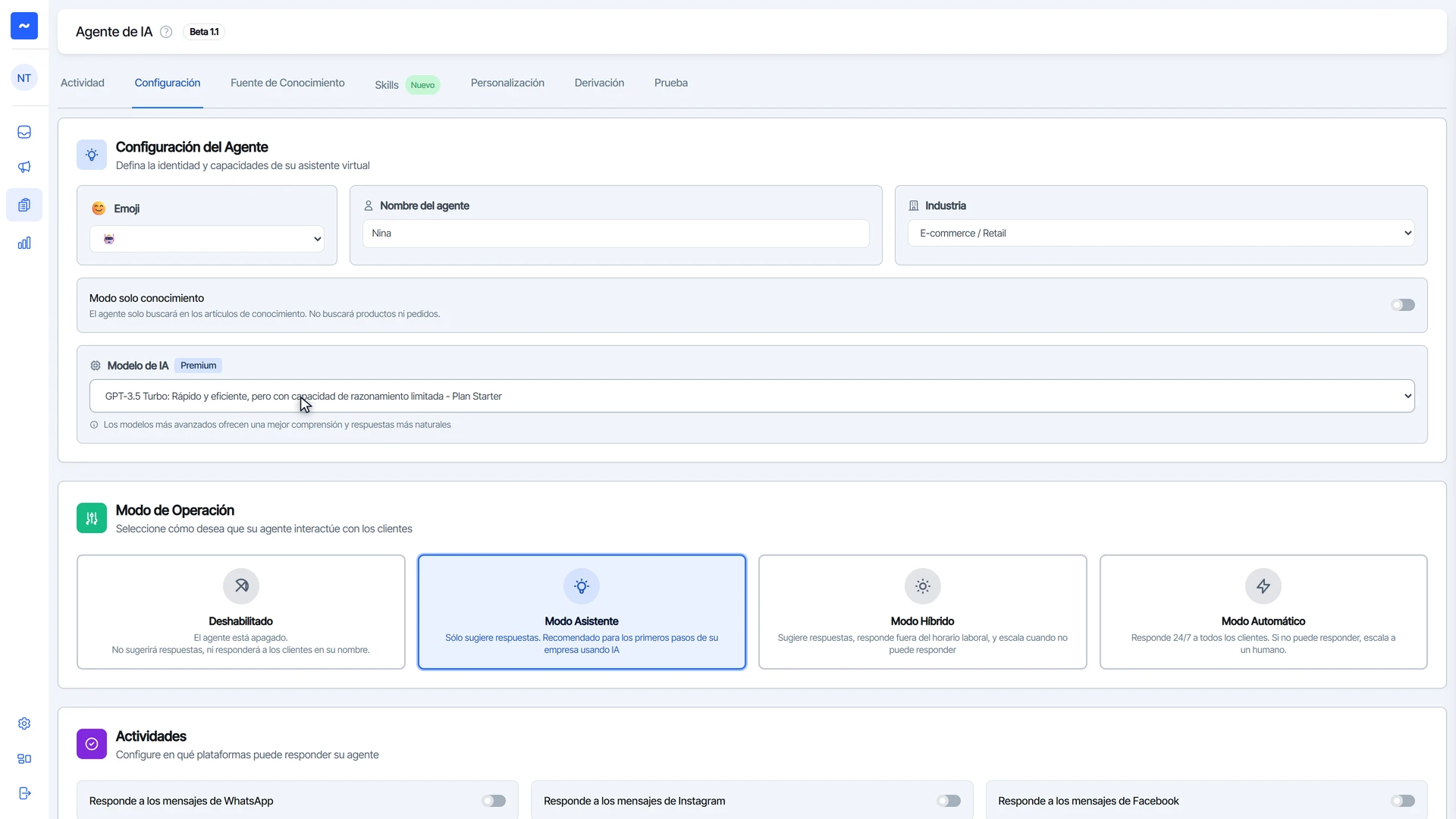 Selector de Modelo de IA en la configuración del agente