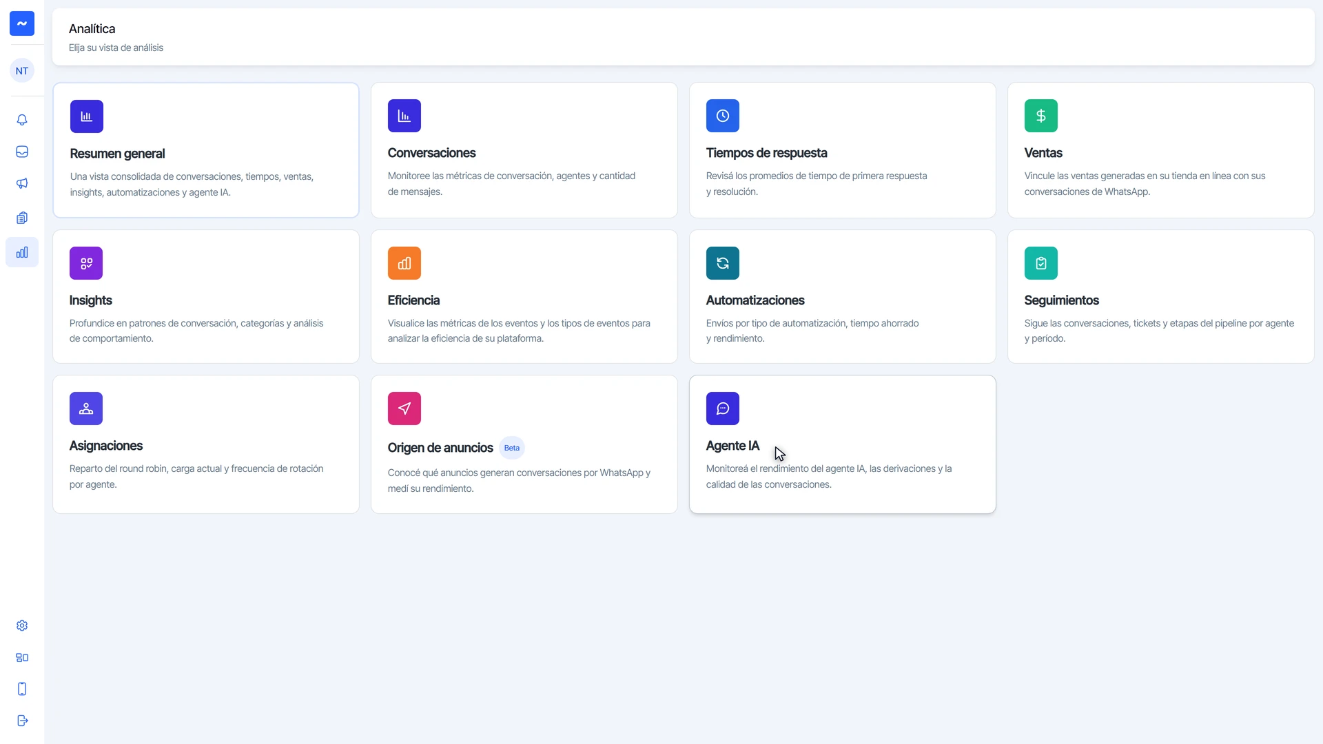 Última fila de reportes: Asignaciones, Origen de anuncios y Agente IA