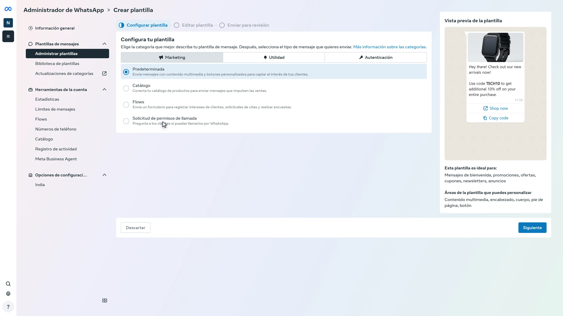 Paso Configura tu plantilla en Meta con la categoría Marketing y el tipo Predeterminada elegidos