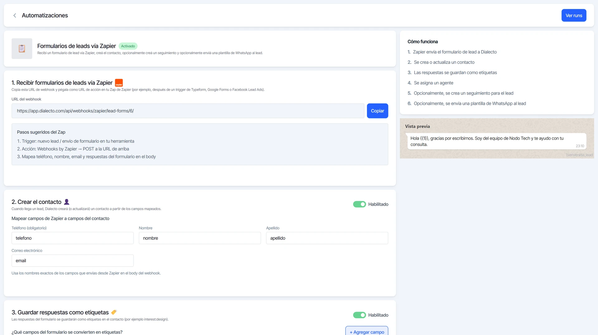 Formularios de leads vía Zapier con el estado Activado después de guardar la configuración