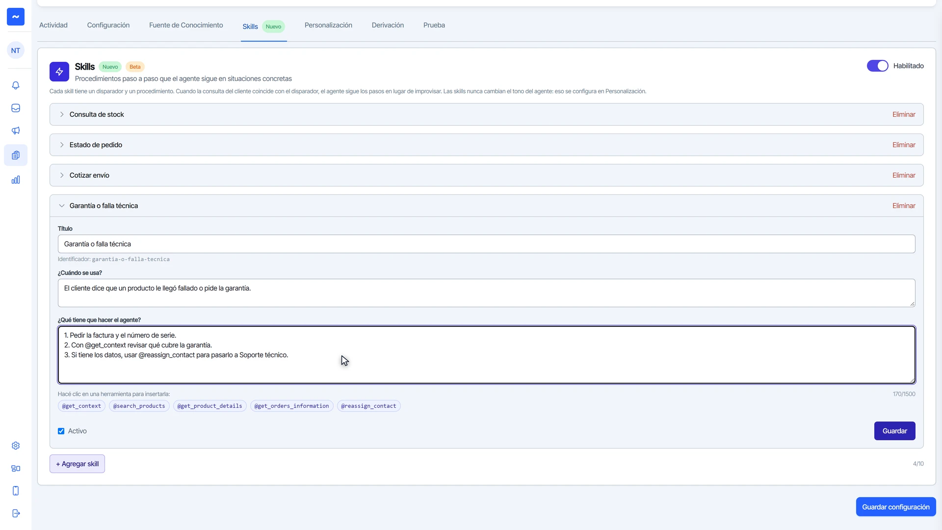 Skill nueva Garantía o falla técnica con un procedimiento que usa get_context y reassign_contact