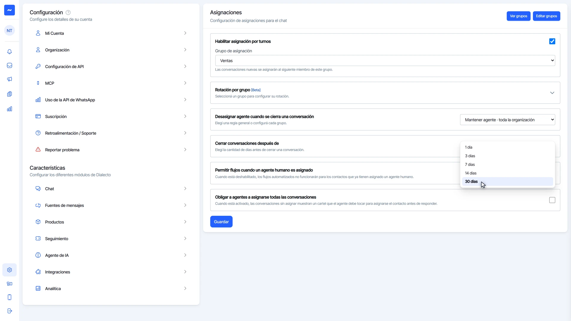 Selector Cerrar conversaciones después de abierto con 1, 3, 7, 14 y 30 días