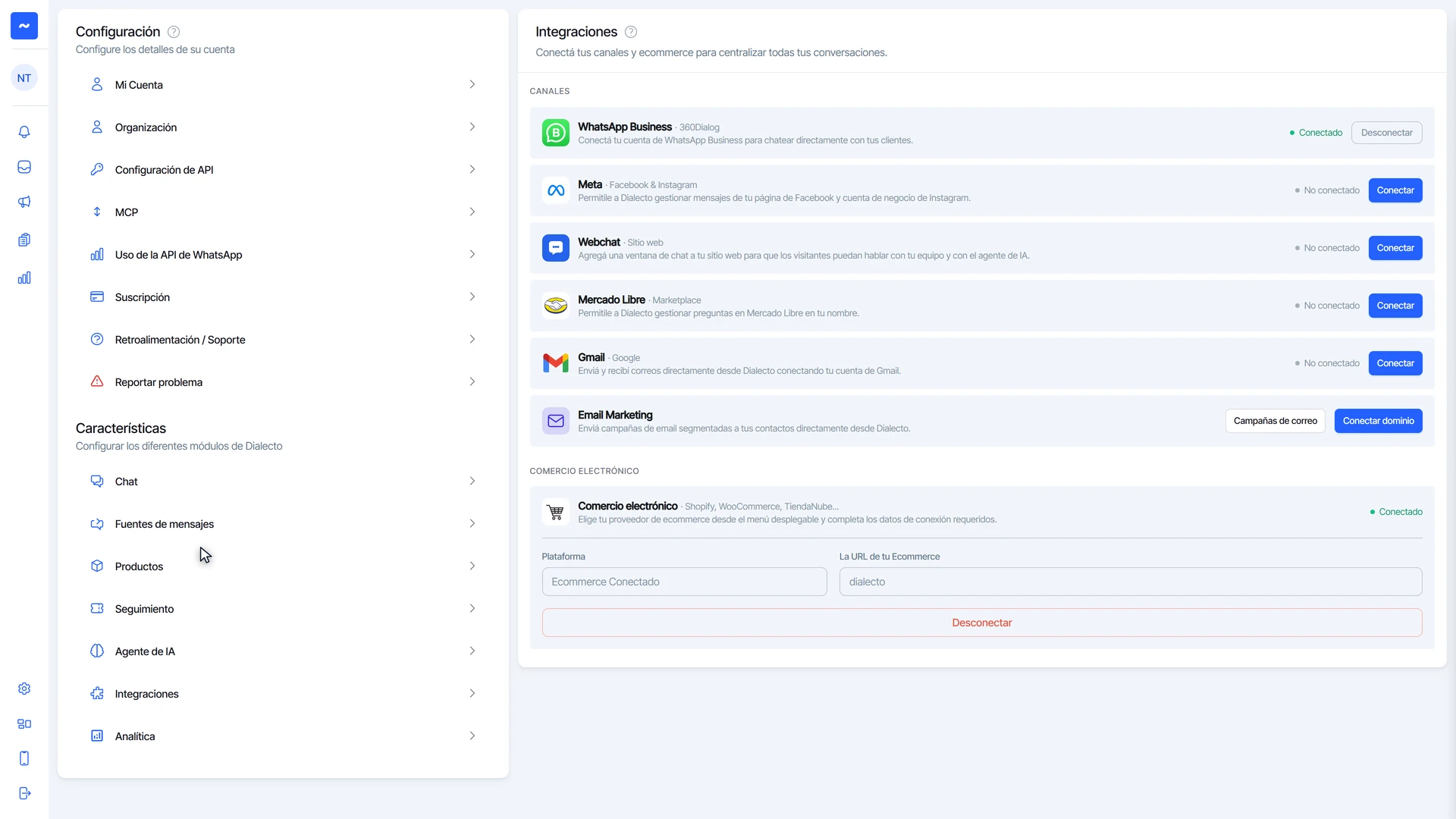 Configuración con la lista de opciones a la izquierda y la pantalla de Integraciones