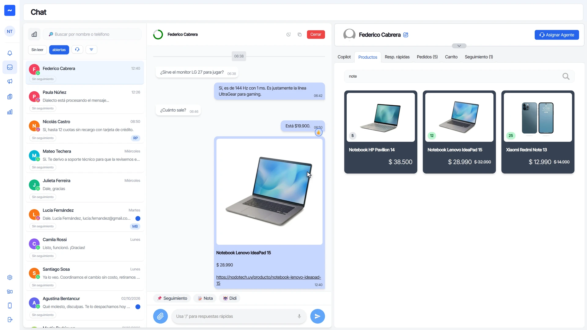 Mensaje enviado con la imagen, el nombre, el precio y el link de la notebook