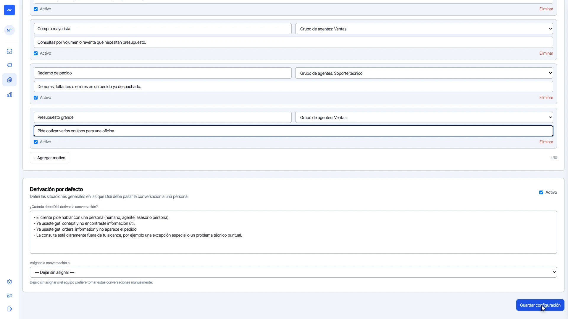 Derivación por defecto y el botón Guardar configuración