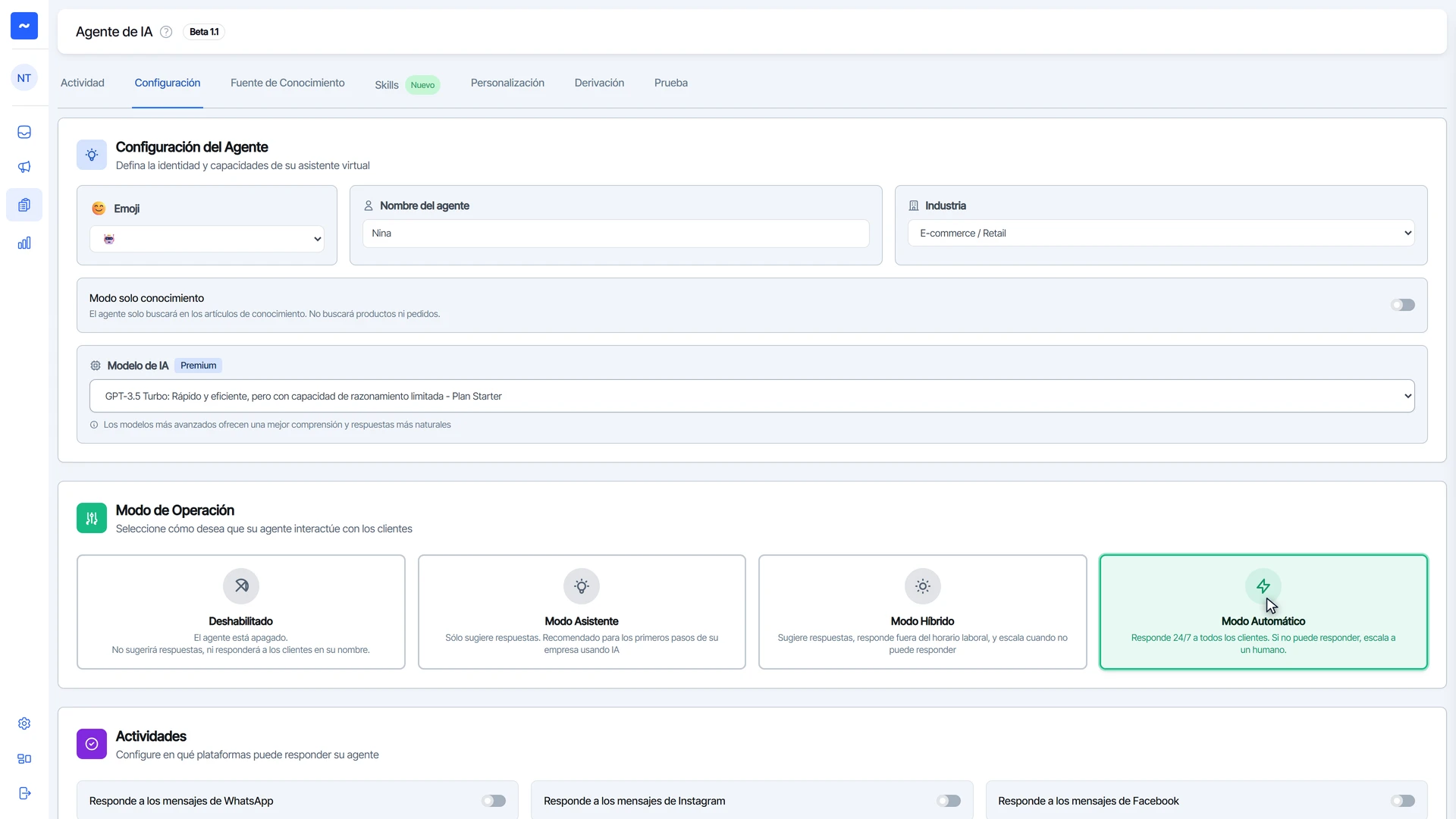 Modo de Operación con las opciones Deshabilitado, Asistente, Híbrido y Automático