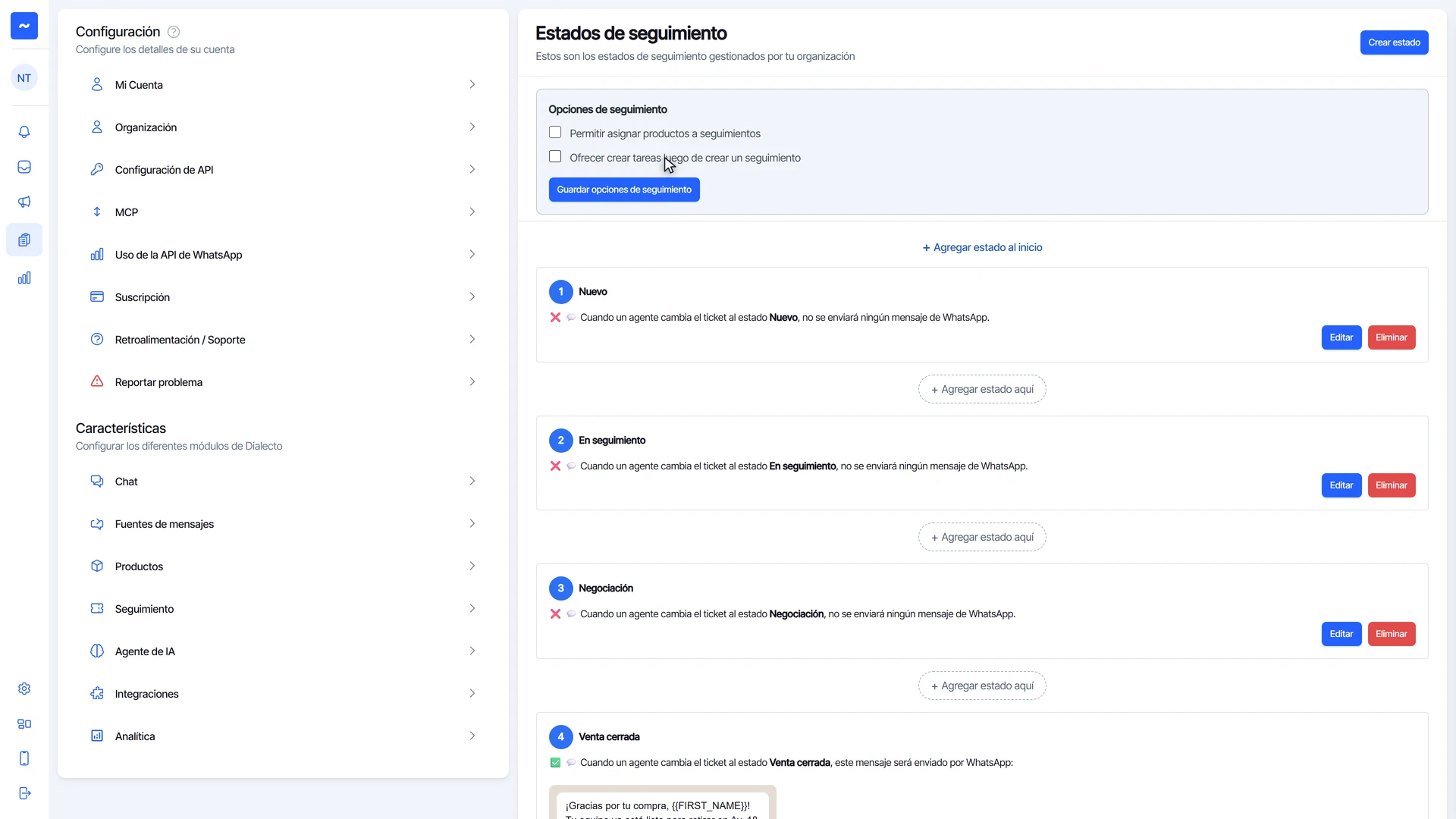 Opciones de seguimiento: asignar productos a seguimientos y ofrecer crear tareas, con el botón Guardar