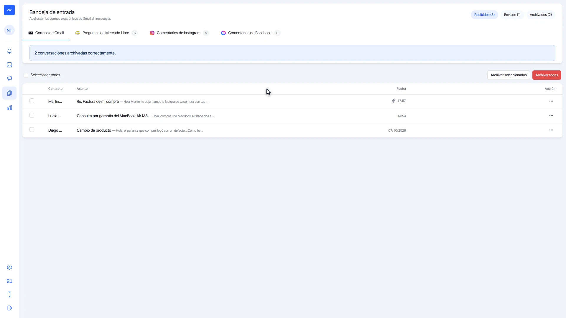 Bandeja de Gmail con el aviso de dos conversaciones archivadas y Archivados (2) arriba a la derecha
