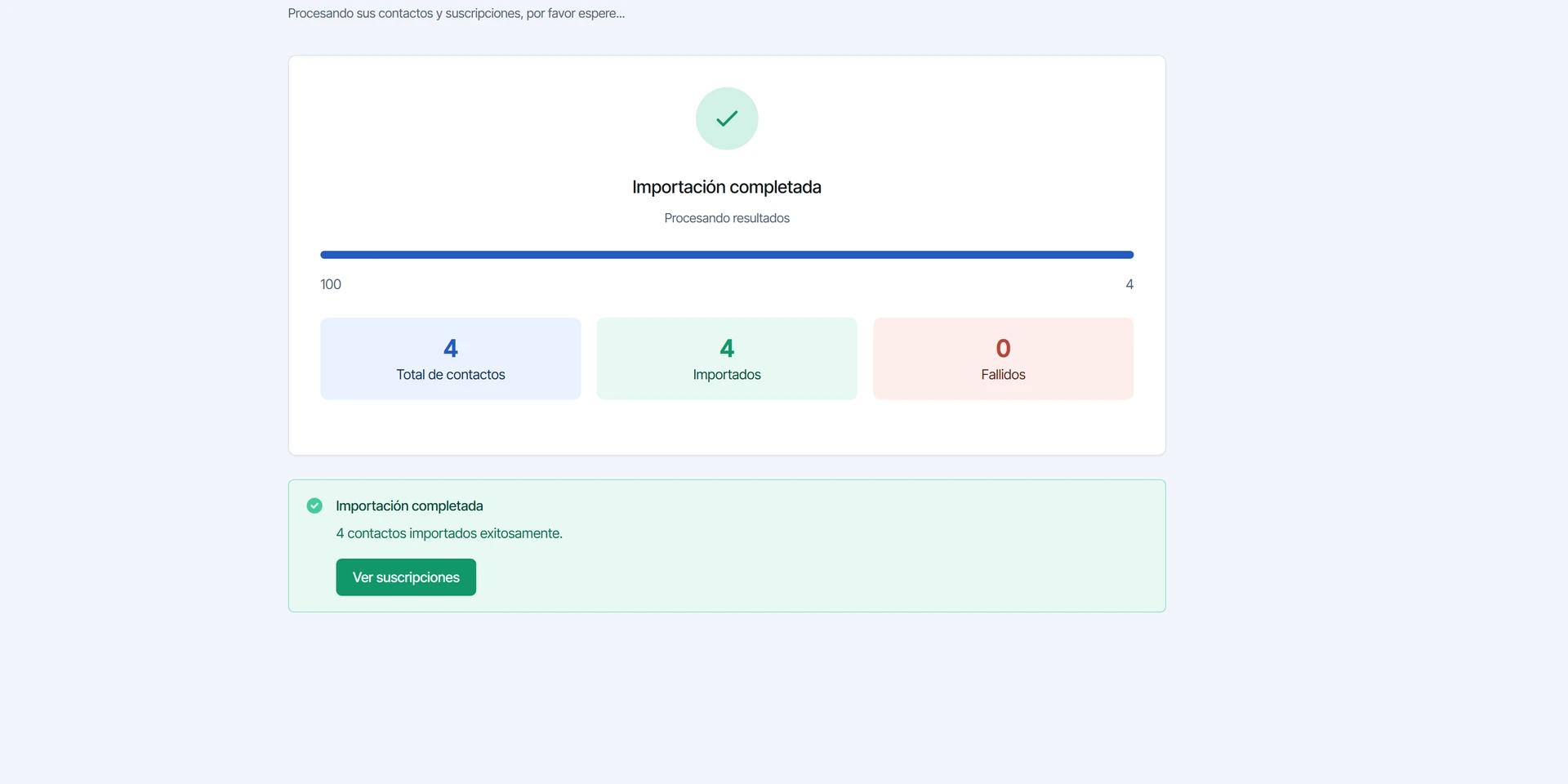 Resultado de la importación con el total de contactos, los importados y los que fallaron