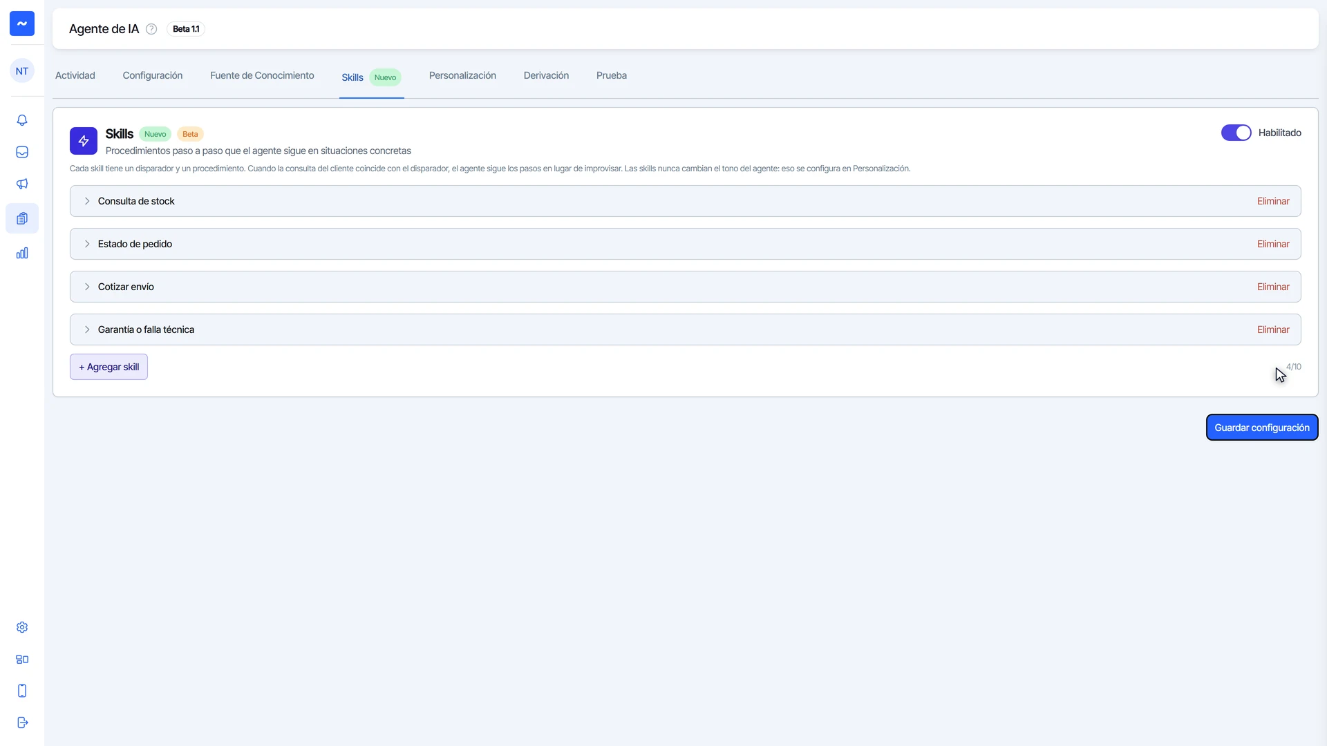 Lista con cuatro skills y el botón Guardar configuración