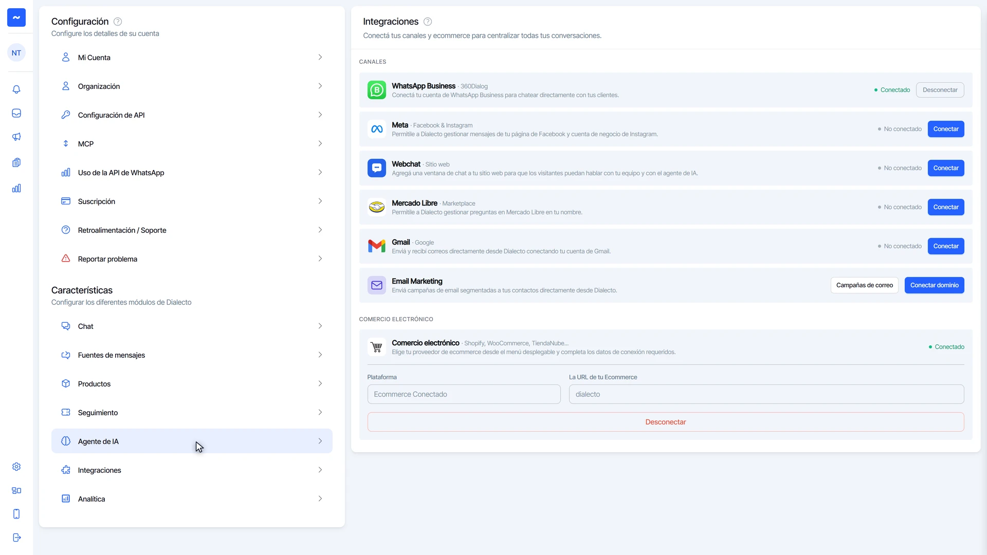 Integraciones con WhatsApp Business conectado y la tienda online conectada