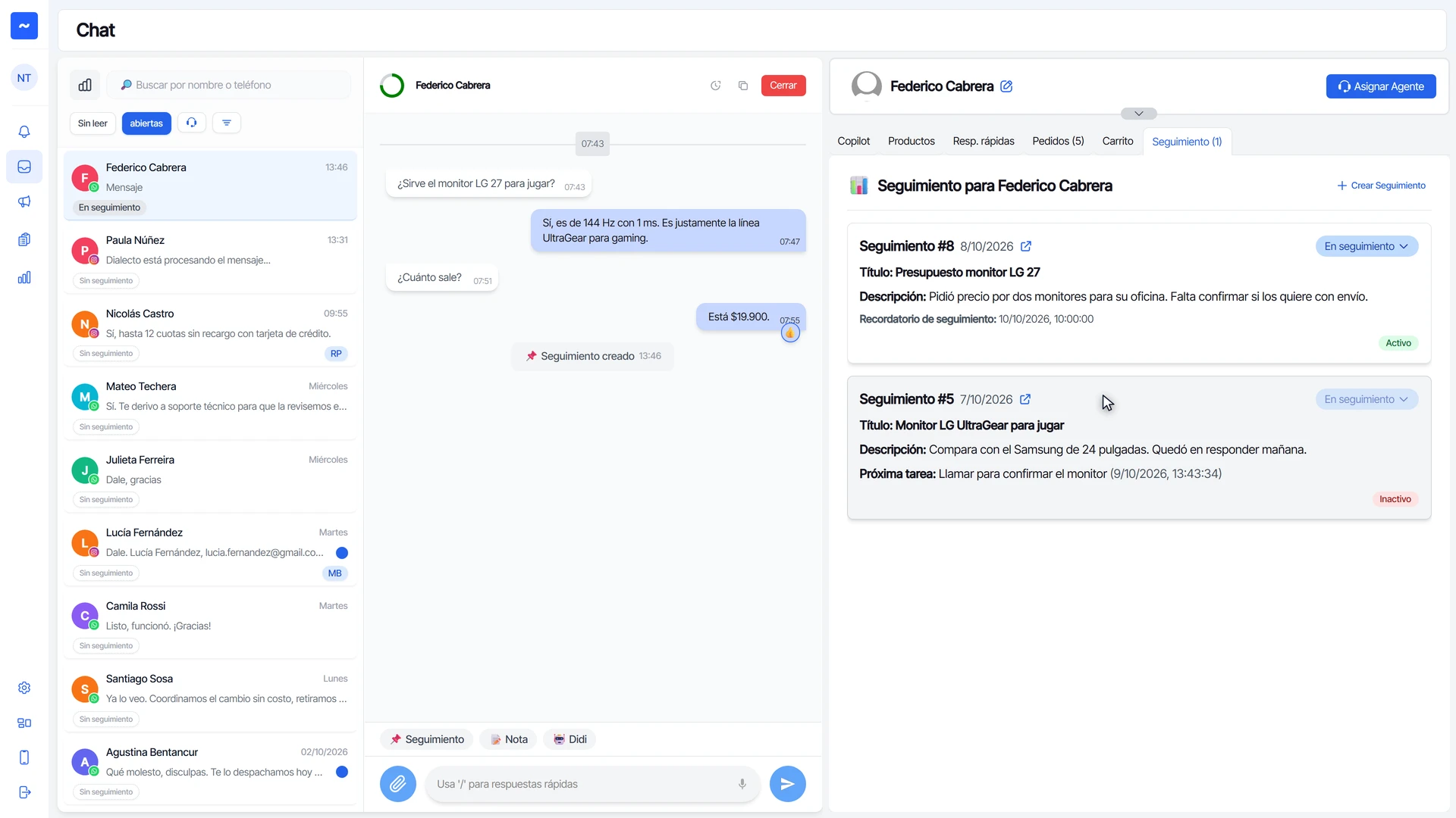 Seguimientos del cliente con el anterior mostrando su próxima tarea