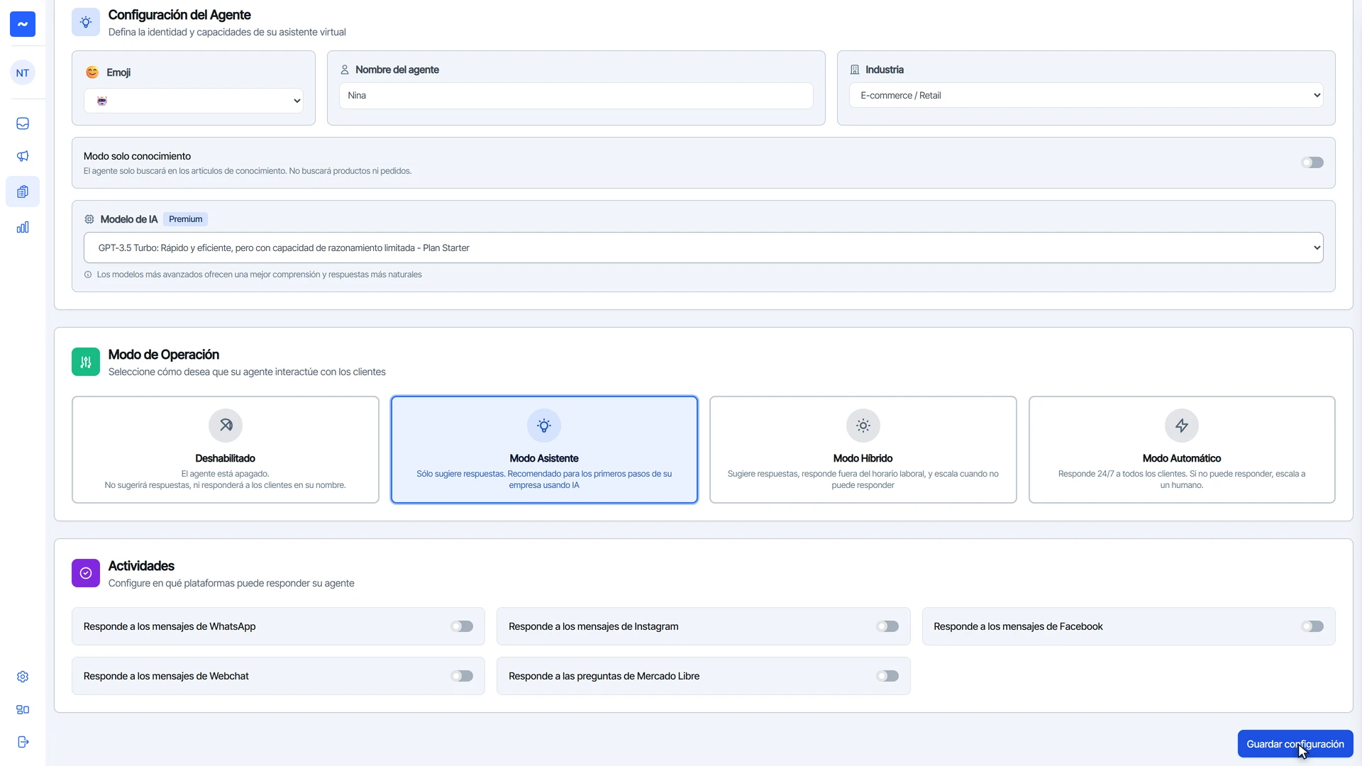 Actividades con los canales en los que responde el agente y el botón Guardar configuración