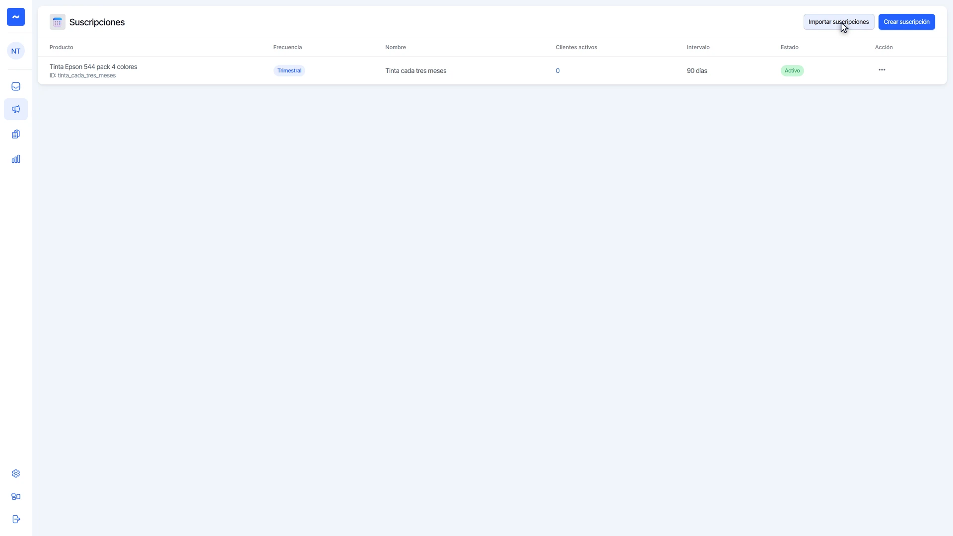 Lista de suscripciones con la nueva suscripción activa y el botón Importar suscripciones