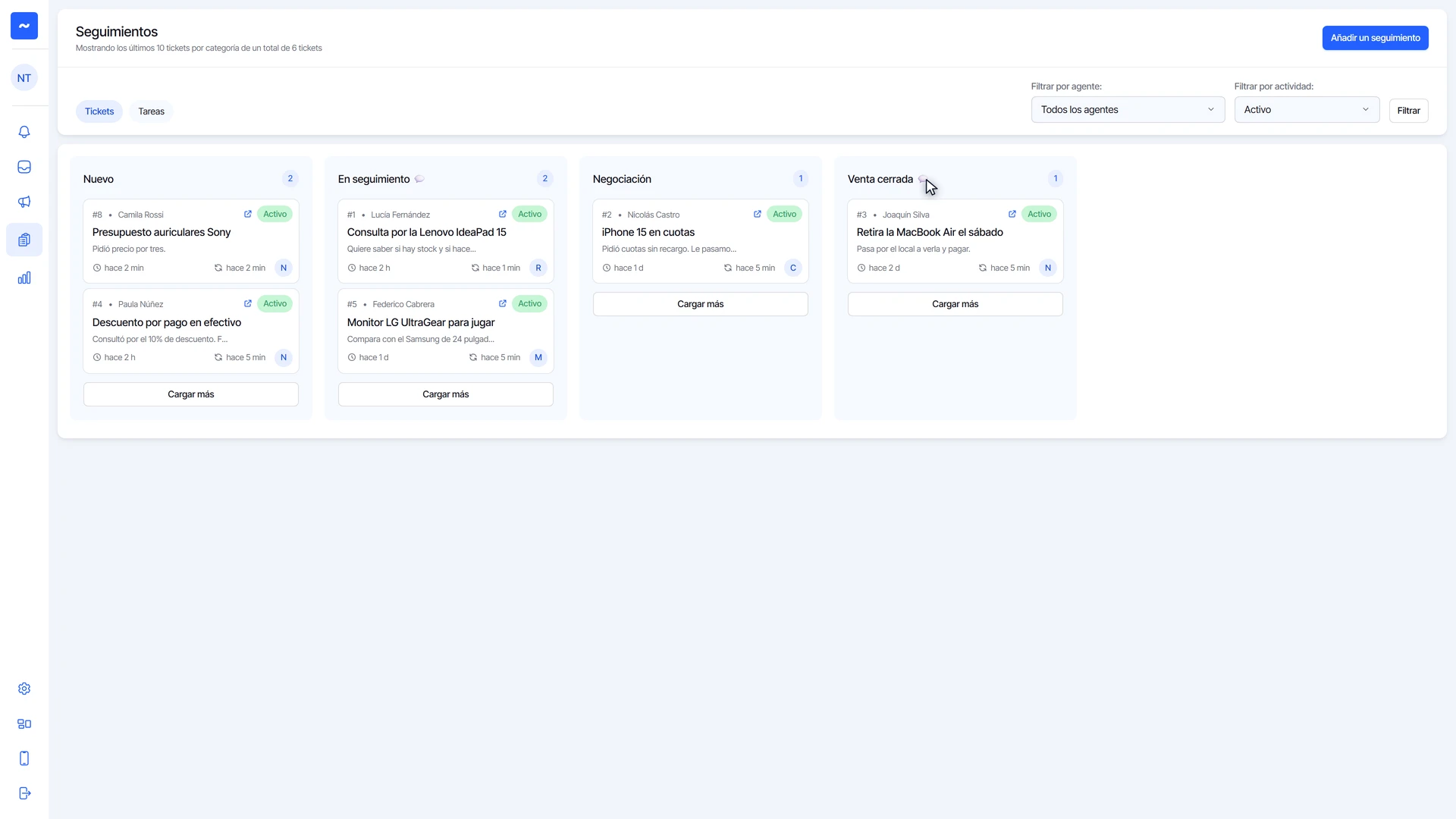 Tablero de Seguimiento con la burbuja de mensaje automático junto a En seguimiento y Venta cerrada