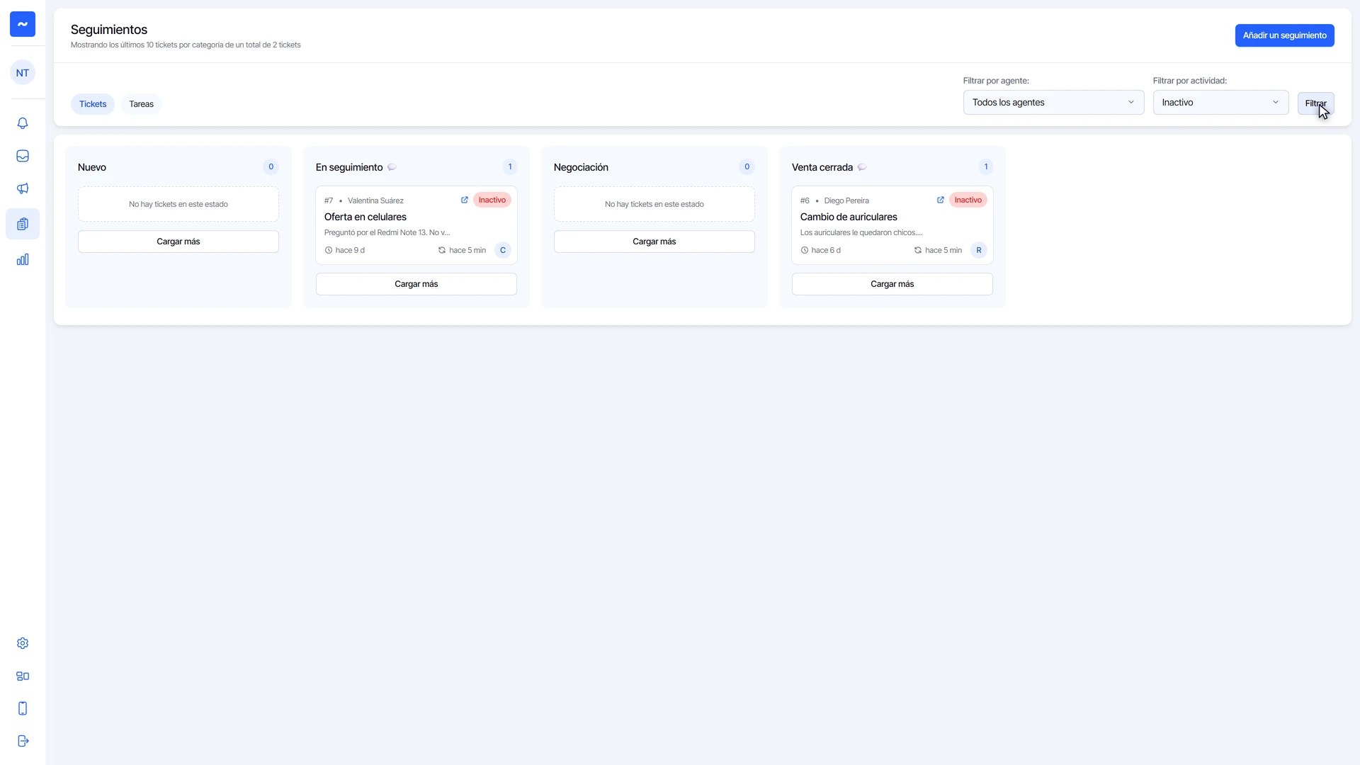 Tablero de Seguimiento filtrado por Todos los agentes y actividad Inactivo